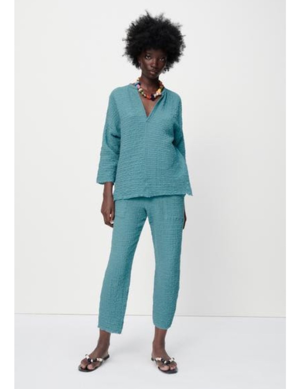 Zara Dusty Teal Textured Open-Front Top and Pants set